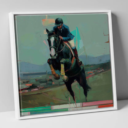 Bold Ascent show jumping horse canvas wall art in white frame