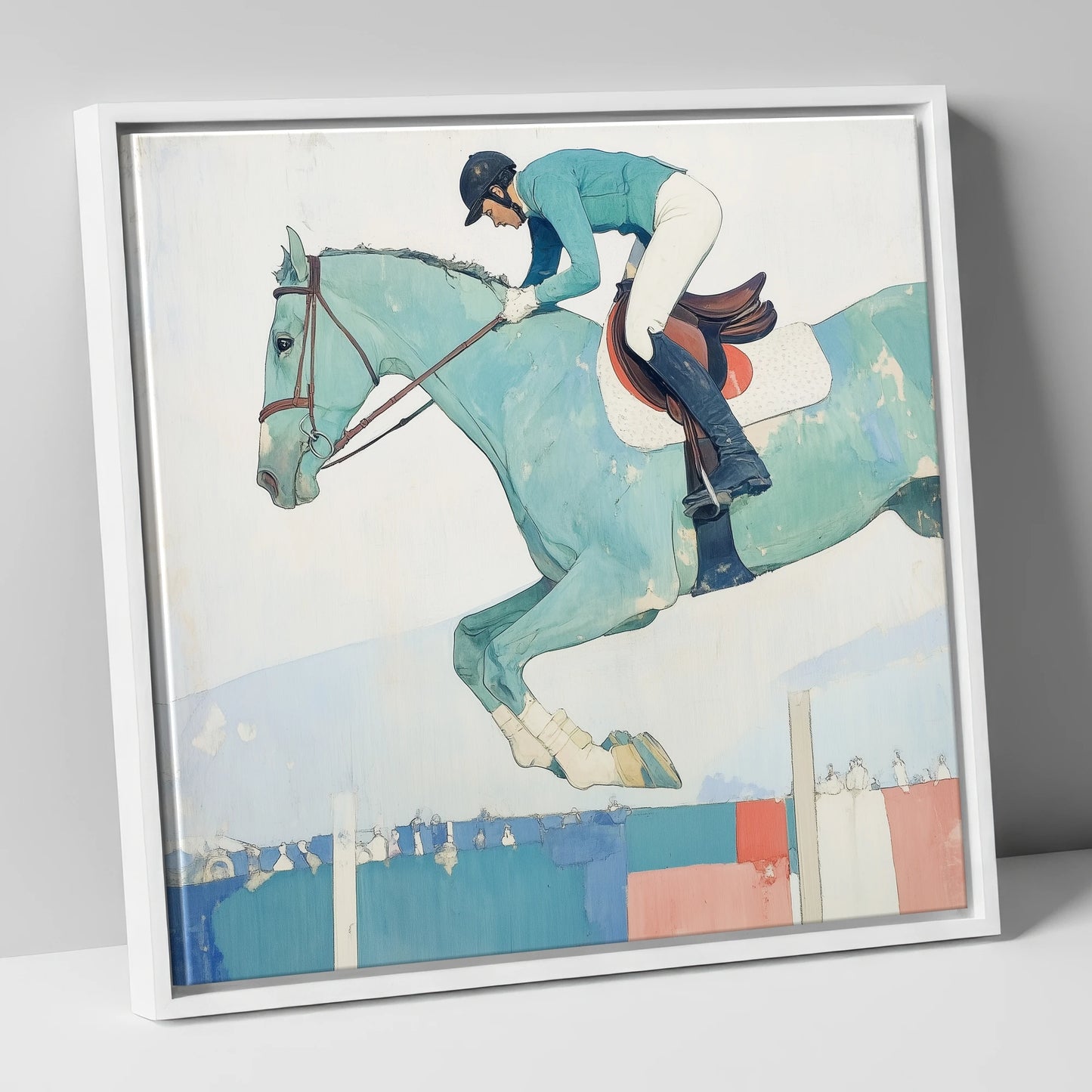 Aquamarine Ascent show jumping horse canvas wall art in white frame