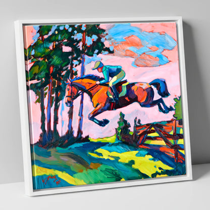 Vibrant Cross Country Leap show jumping horse canvas wall art in white frame