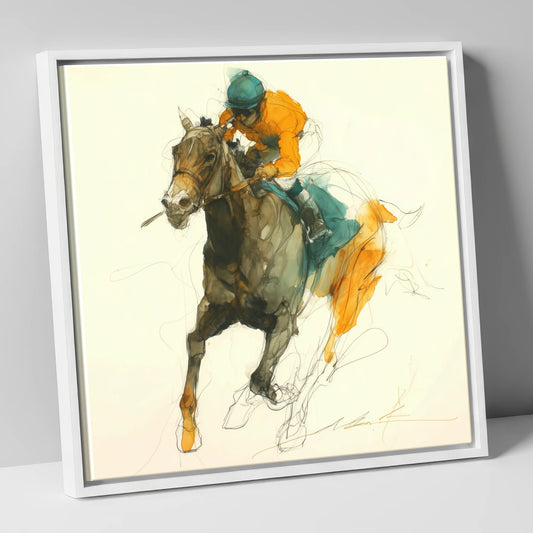 Surge of Colour racing horse canvas wall art in white frame