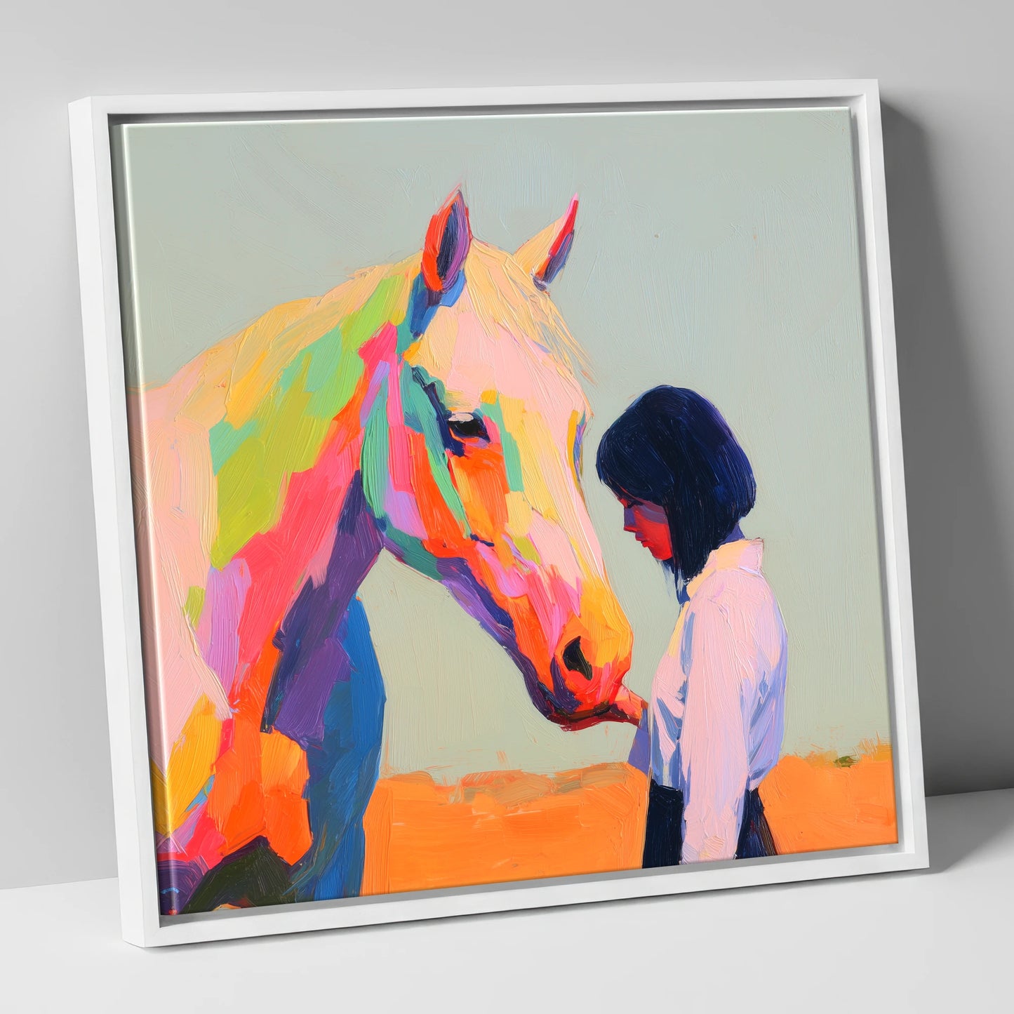 Vivid Connection horse & rider canvas wall art in white frame