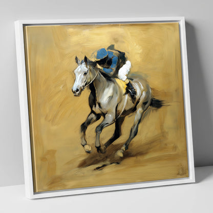 The Grey Challenger racing horse canvas wall art in white frame