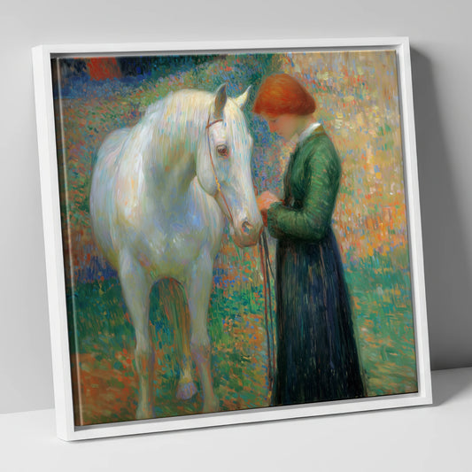 The Quiet Bond horse & rider canvas wall art in white frame