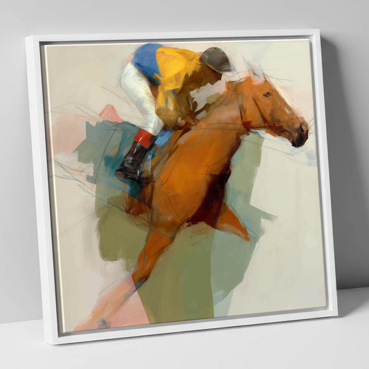 Expressive Chestnut Racehorse and Jockey racing horse canvas wall art in white frame