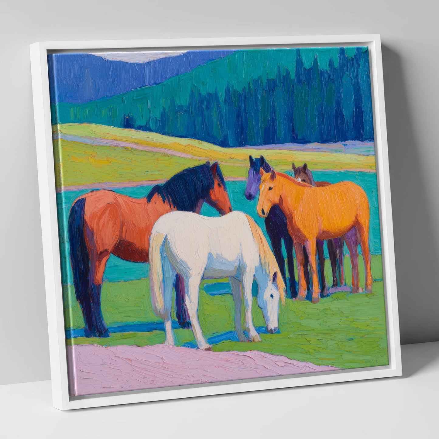 Vivid Pasture Herd horse landscape canvas wall art in white frame