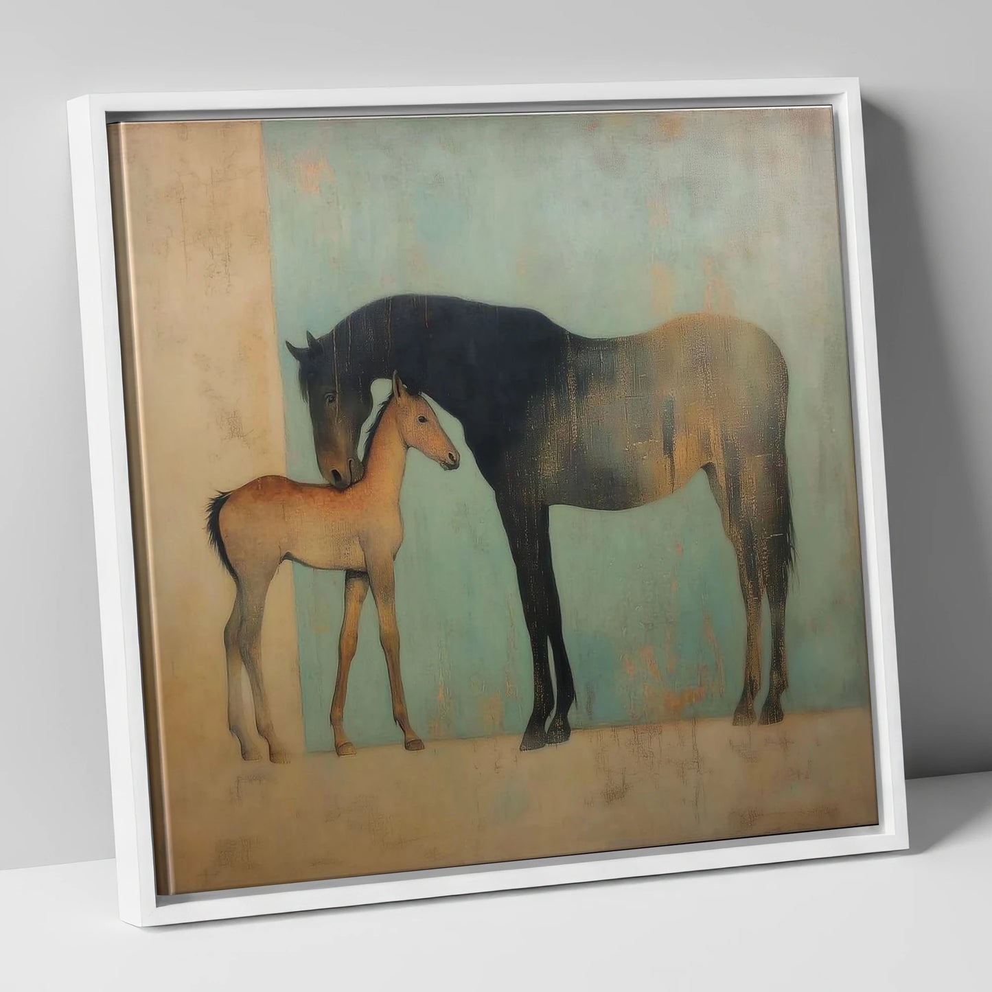 A Golden Bond mare & foal canvas wall art in white frame