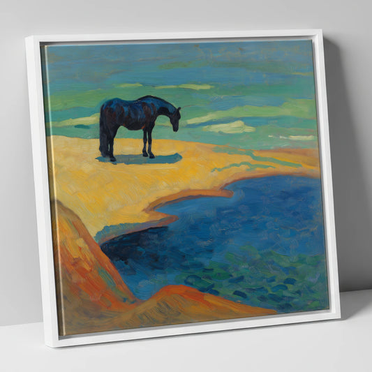 Vibrant Coastal Solitude horse landscape canvas wall art in white frame