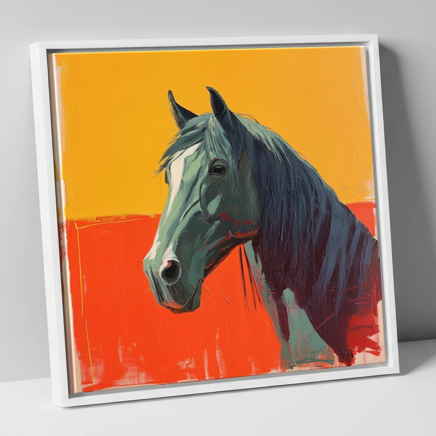Fiery Grey Portrait horse breed canvas wall art in white frame