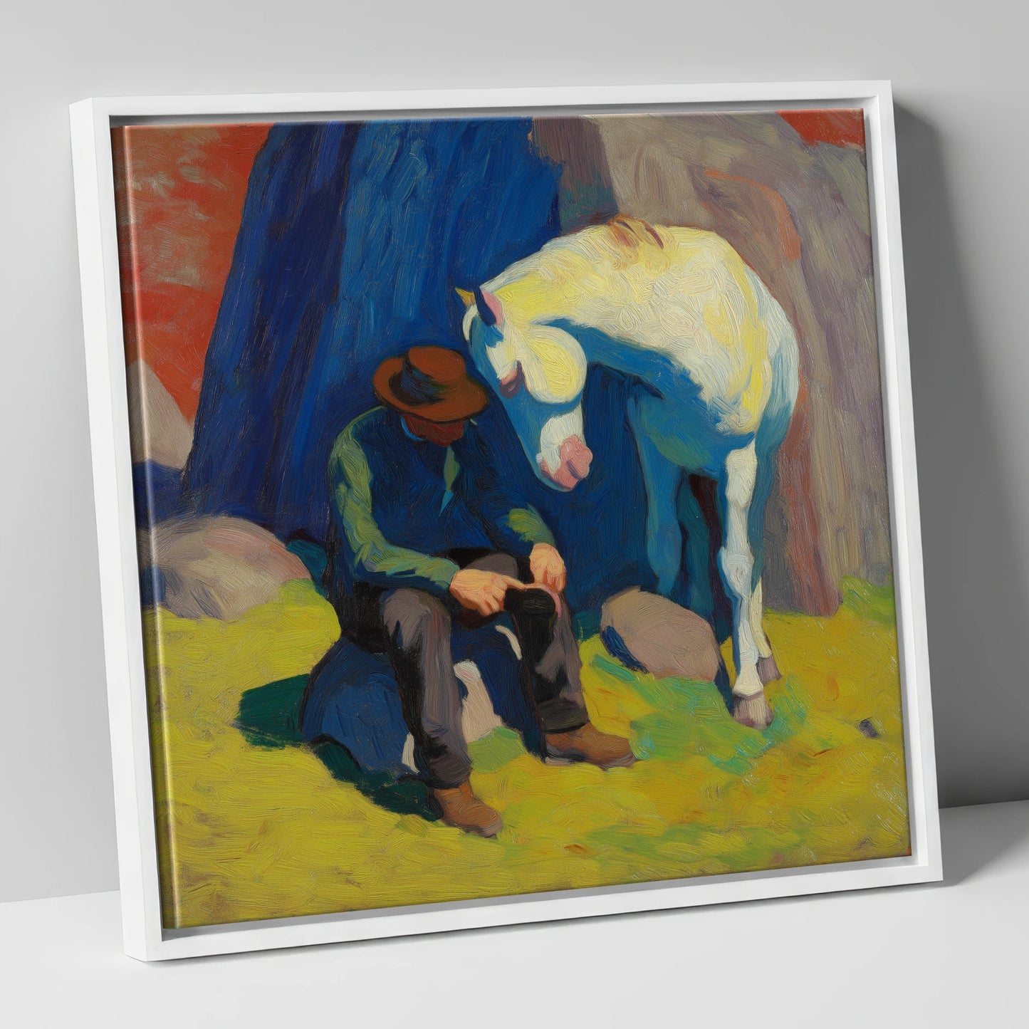 Vivid Companionship horse & rider canvas wall art in white frame