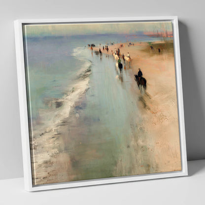 Misty Coastal String horse landscape canvas wall art in white frame