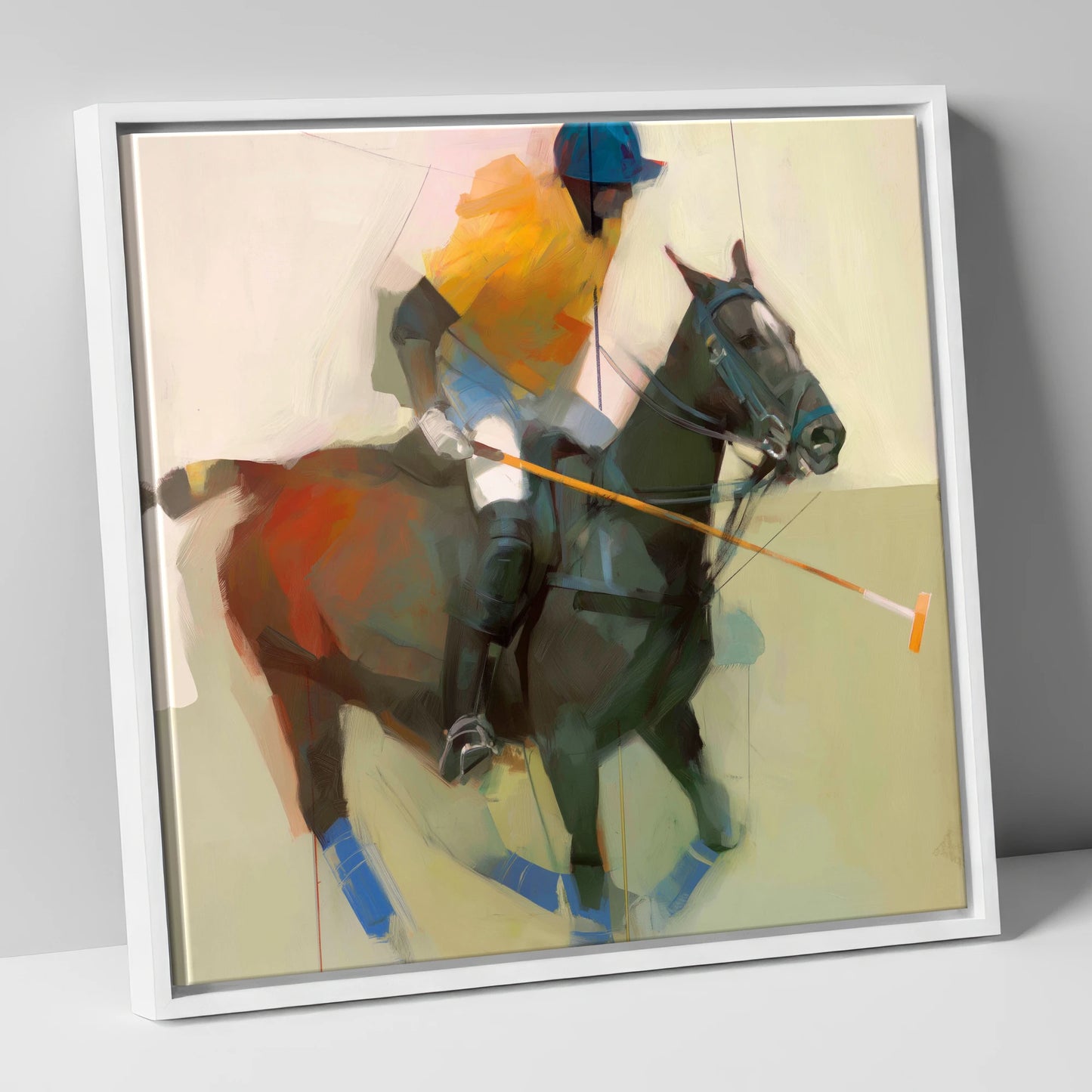 The Offside Drive polo horse canvas wall art in white frame