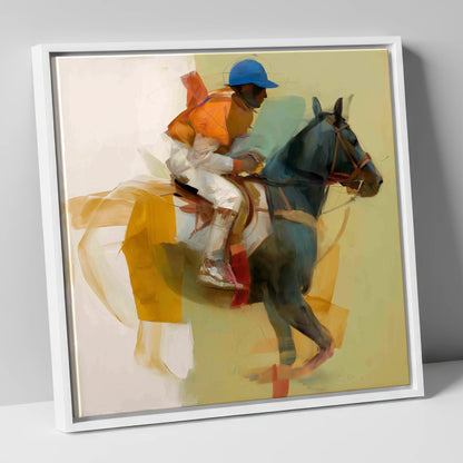 Cerulean and Silk racing horse canvas wall art in white frame