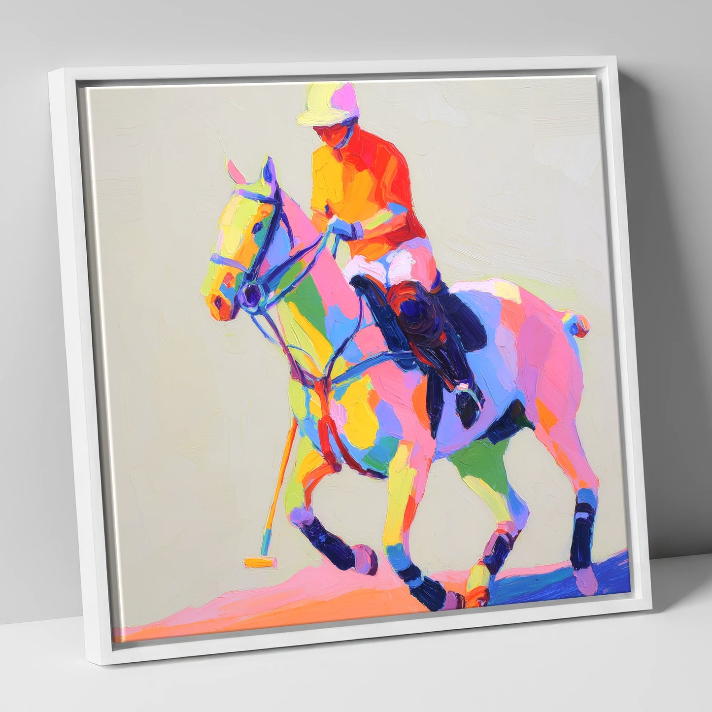 Vibrant Polo Pace polo horse canvas wall art in white frame