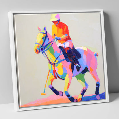 Vibrant Polo Pace polo horse canvas wall art in white frame