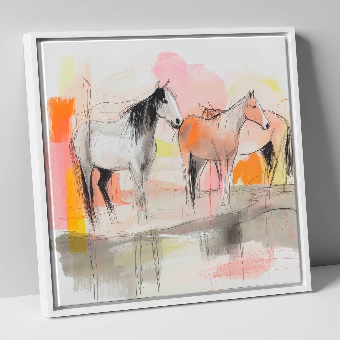 Sunset Harmony on the Plains wild horses canvas wall art in white frame