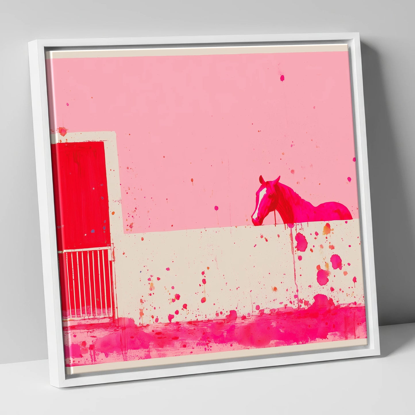 Crimson Doorway horse stable canvas wall art in white frame