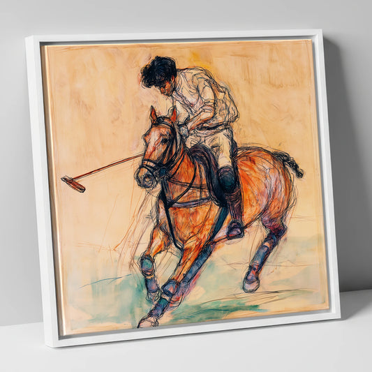 Heat of the Chukka polo horse canvas wall art in white frame