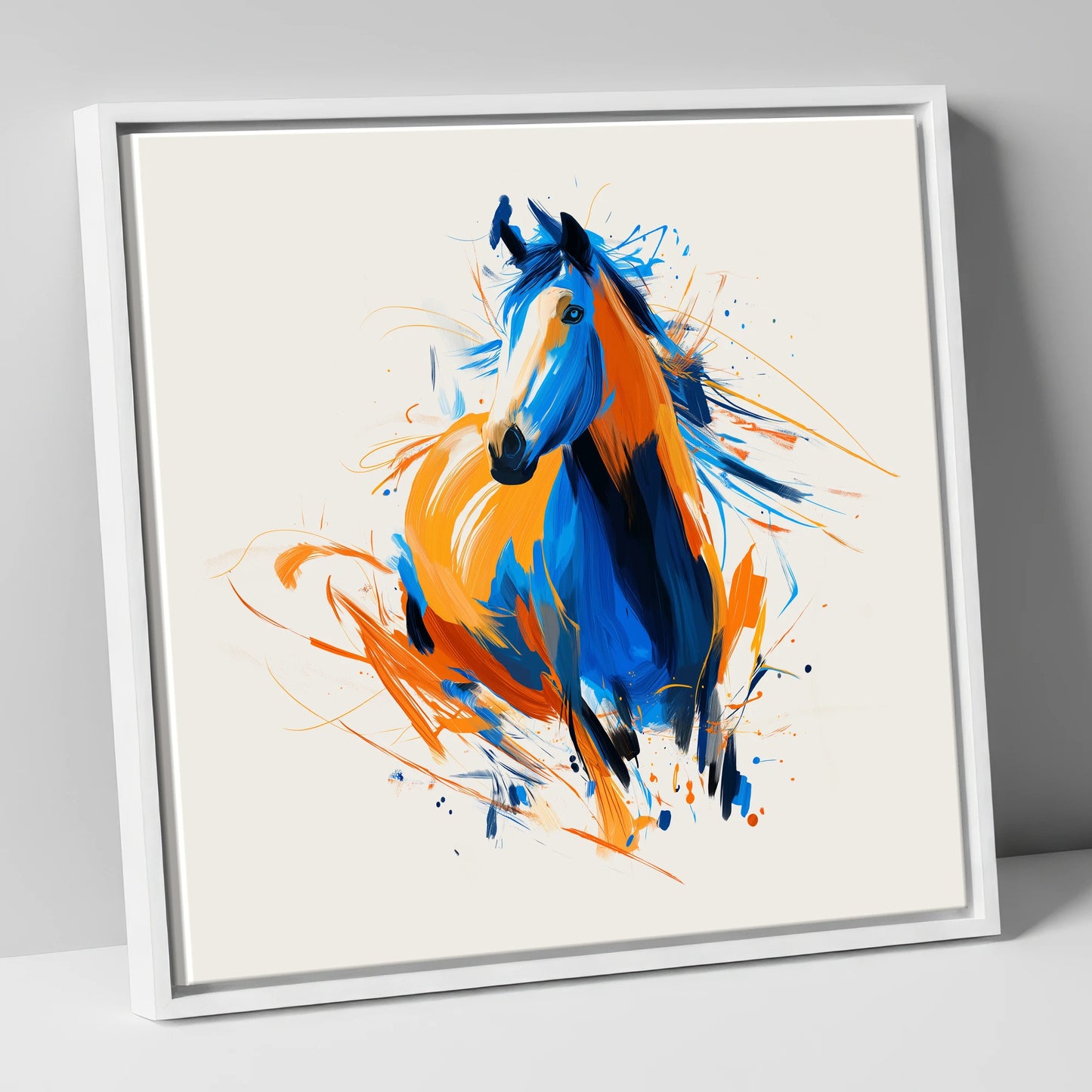 Cobalt and Amber Spirit horse portrait canvas wall art in white frame