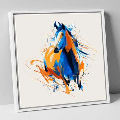 Cobalt and Amber Spirit horse portrait canvas wall art in white frame