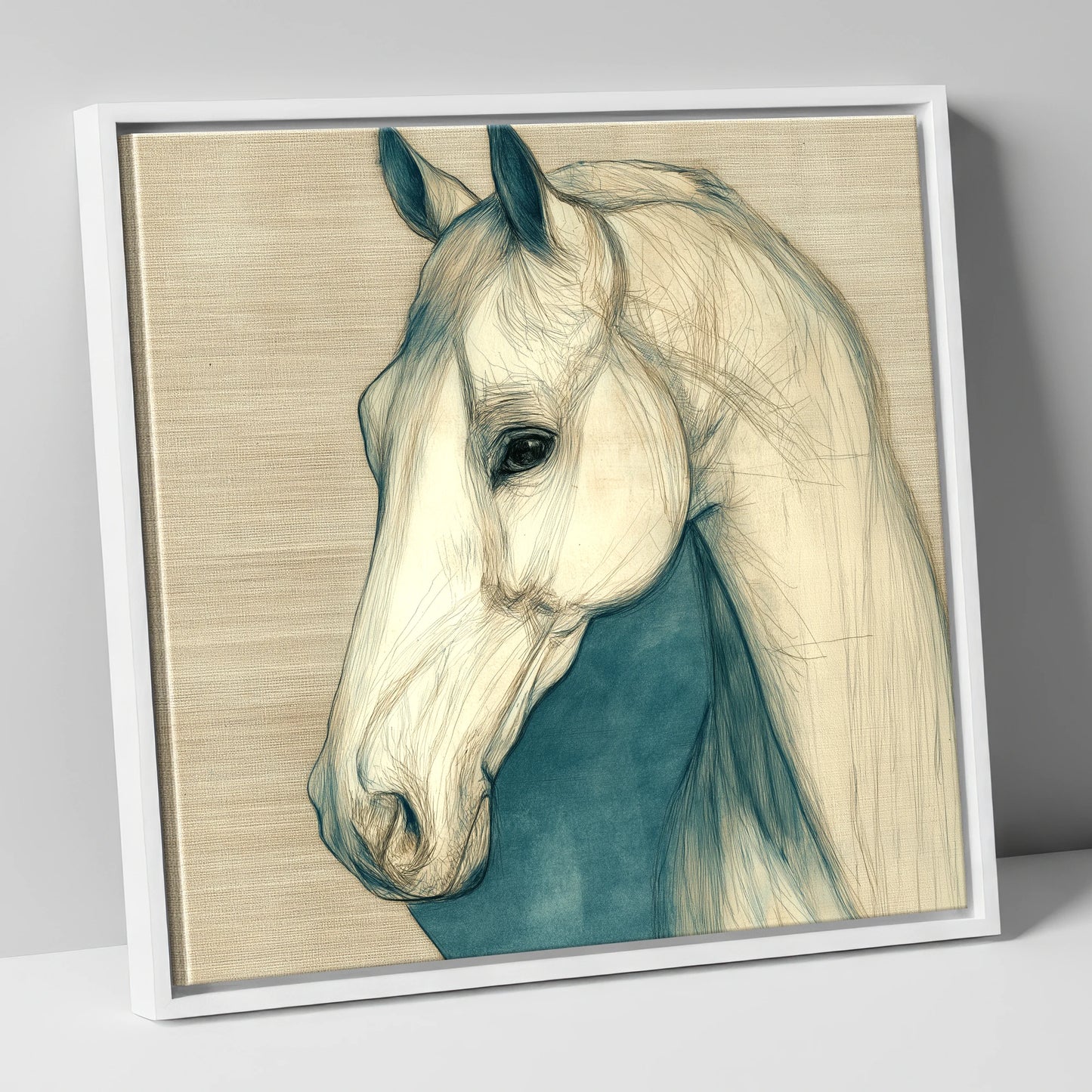 Serene Profile Sketch horse portrait canvas wall art in white frame