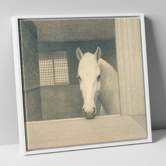 Quiet Contemplation horse stable canvas wall art in white frame