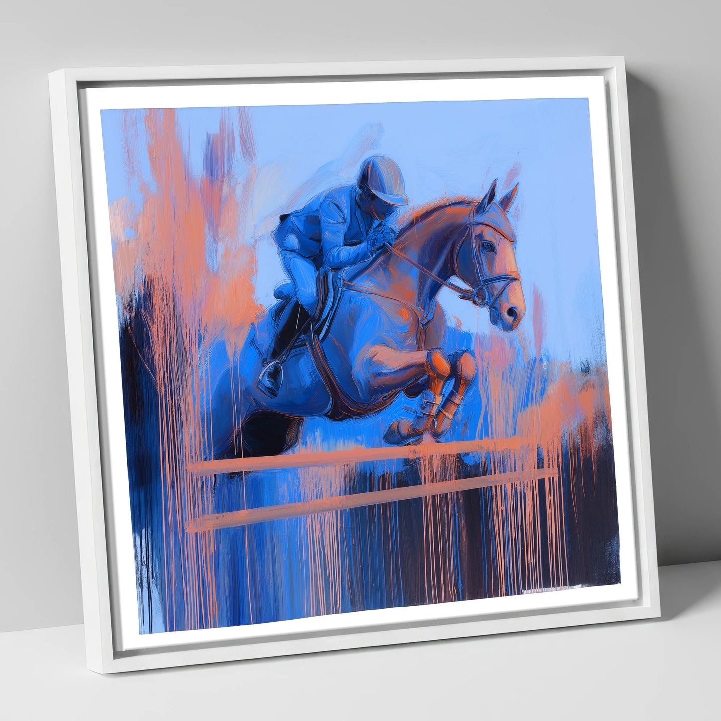 Momentum in Blue and Peach show jumping horse canvas wall art in white frame