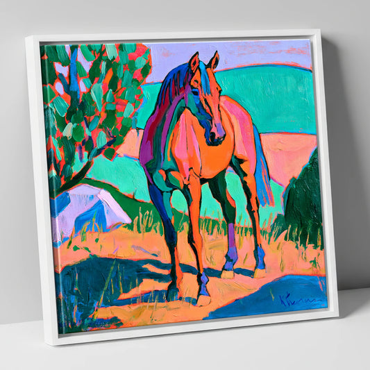 Vibrant Orange Standing Horse horse breed canvas wall art in white frame