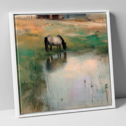 Tranquil Reflections horse landscape canvas wall art in white frame