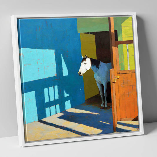 Sunlight on the Yard horse stable canvas wall art in white frame