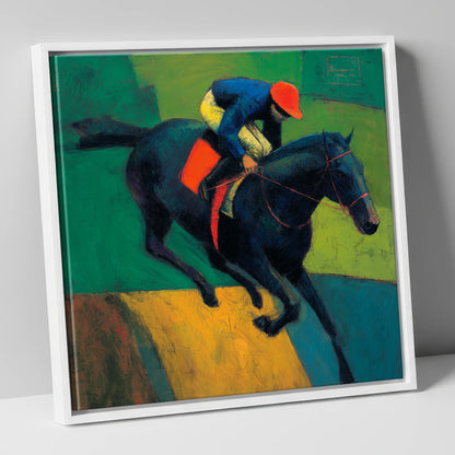 The Crimson Cap racing horse canvas wall art in white frame