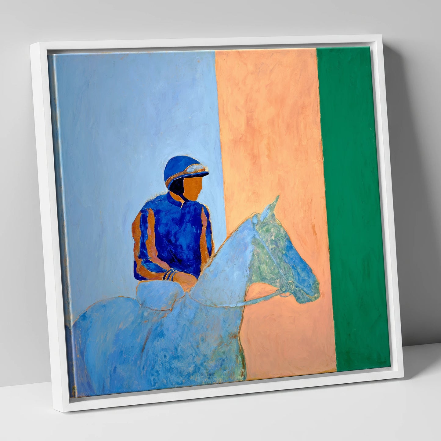 Stillness In The Saddle racing horse canvas wall art in white frame