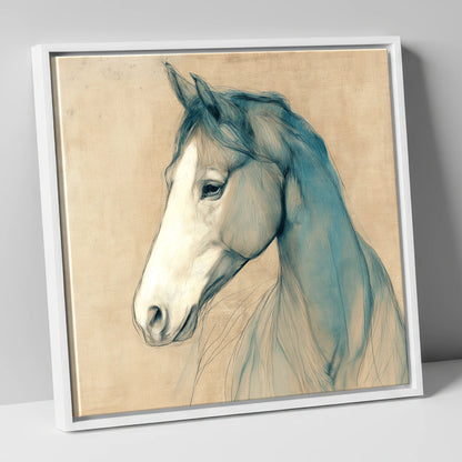 Teal Equine Study horse portrait canvas wall art in white frame