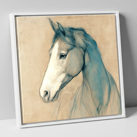 Teal Equine Study horse portrait canvas wall art in white frame
