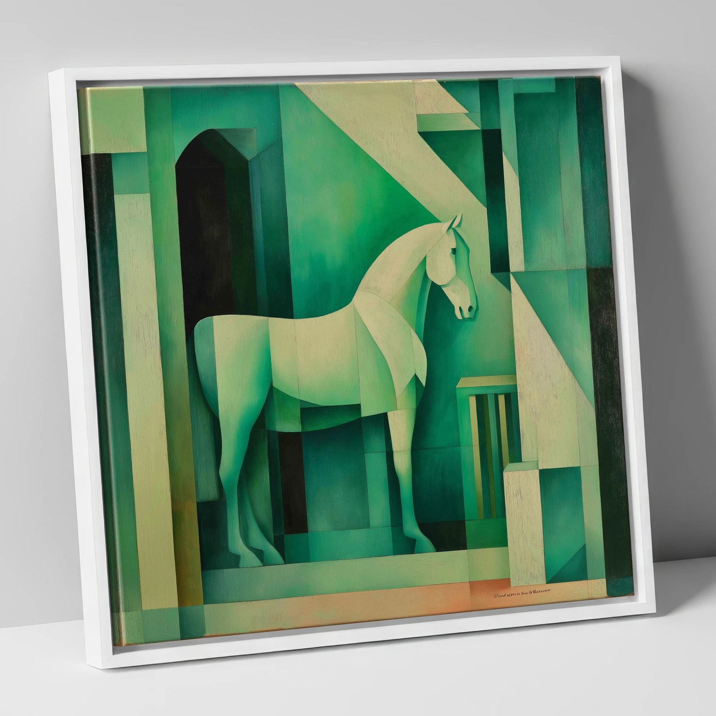Emerald Stall Geometry horse stable canvas wall art in white frame
