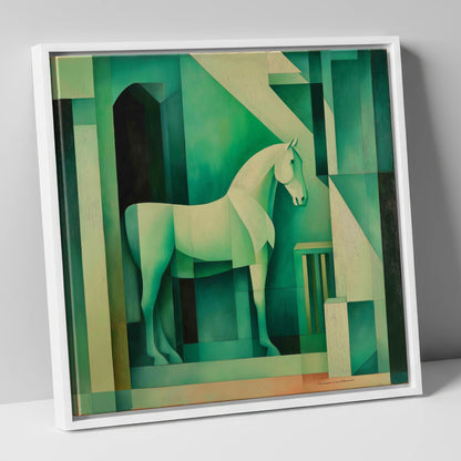 Emerald Stall Geometry horse stable canvas wall art in white frame