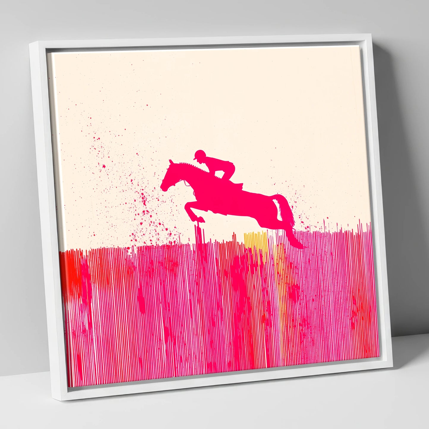 Vibrant Magenta Leap show jumping horse canvas wall art in white frame