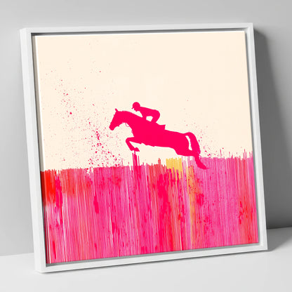 Vibrant Magenta Leap show jumping horse canvas wall art in white frame