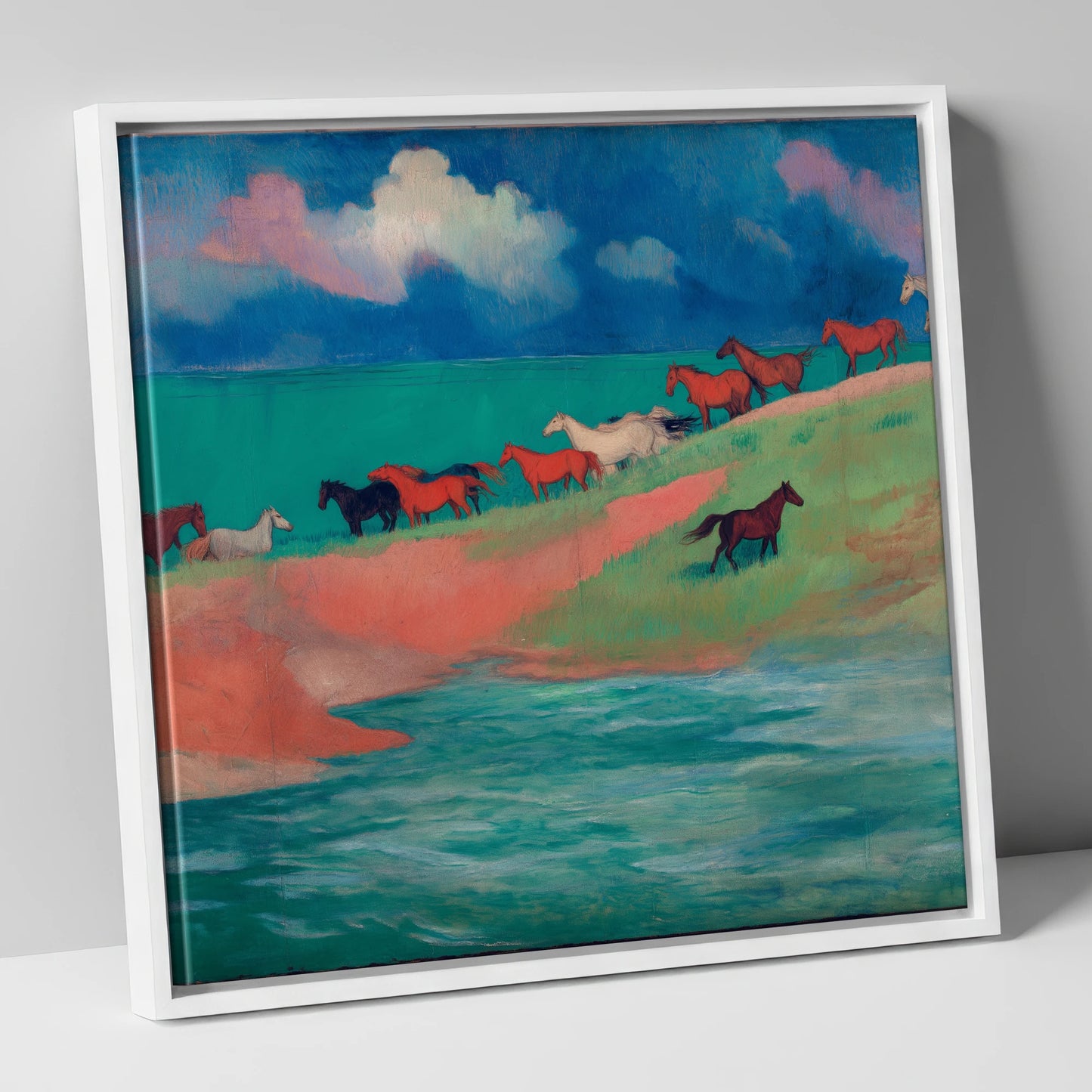 Spirited Coastal Herd wild horses canvas wall art in white frame
