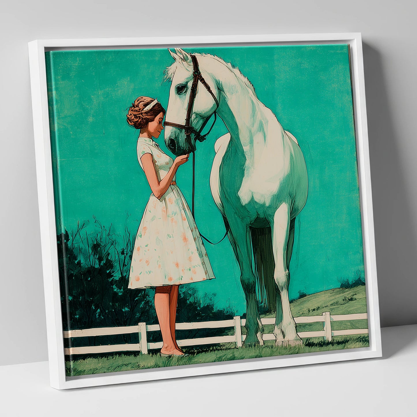 A Moment In Teal horse & rider canvas wall art in white frame