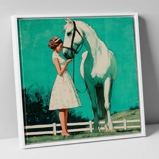 A Moment In Teal horse & rider canvas wall art in white frame
