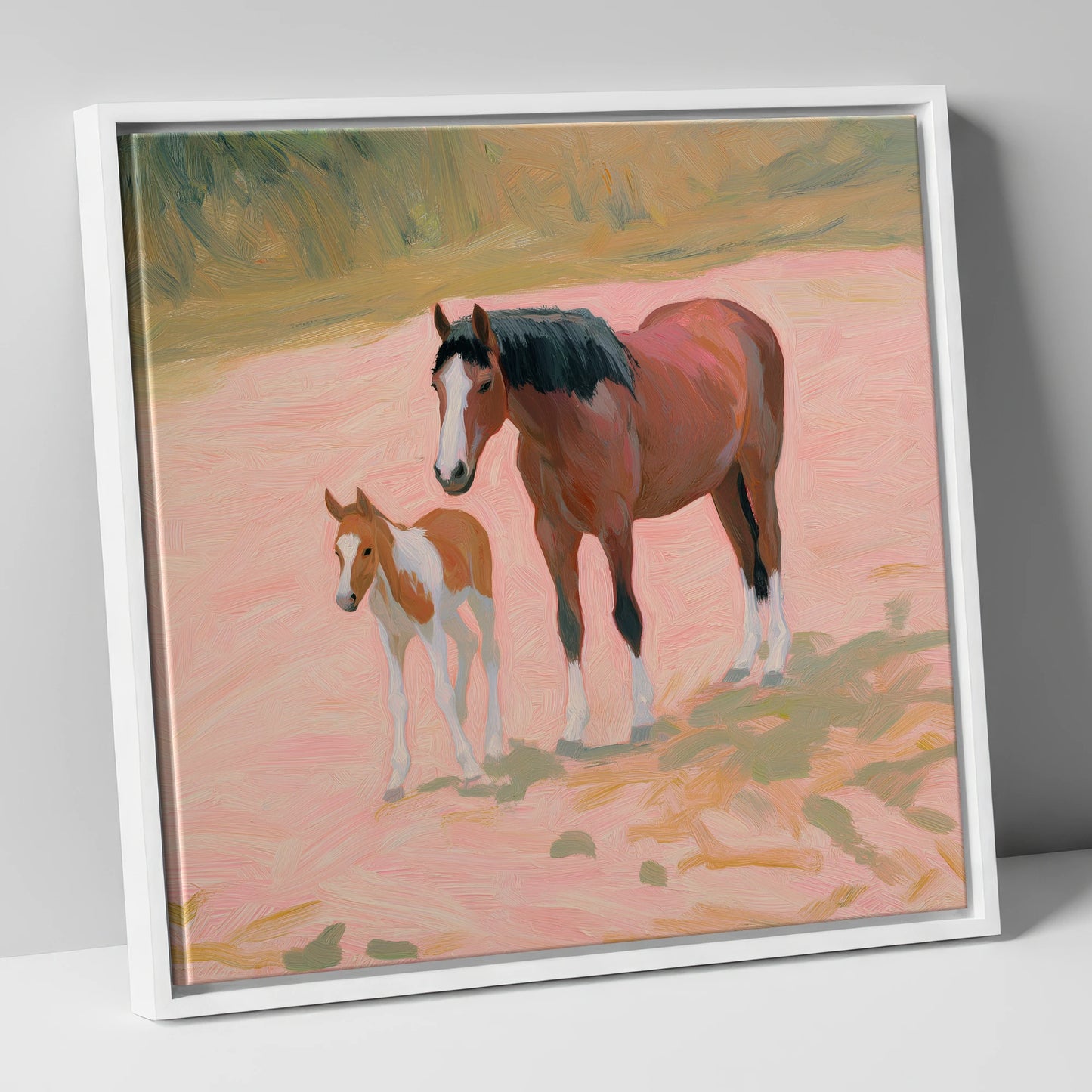 The Gentle Bond mare & foal canvas wall art in white frame