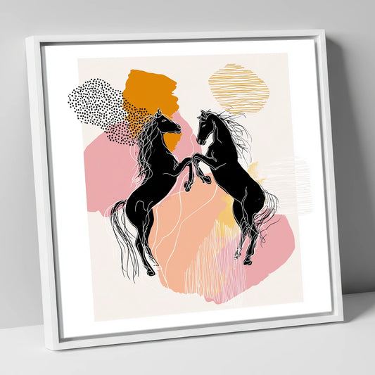 Abstract Equine Harmony wild horses canvas wall art in white frame