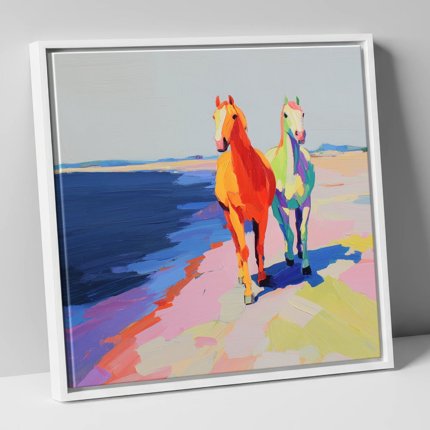 Vibrant Coastal Companions horse landscape canvas wall art in white frame
