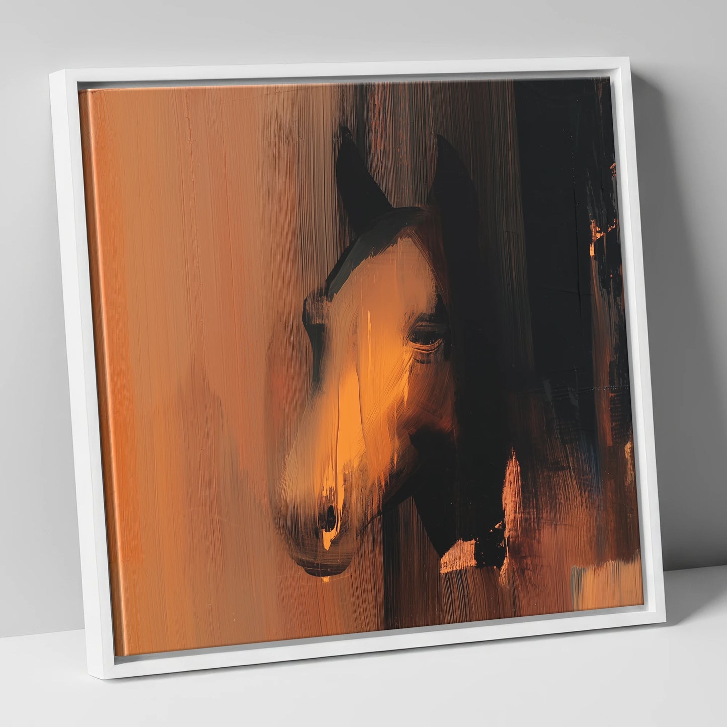 Ember and Shadow horse portrait canvas wall art in white frame