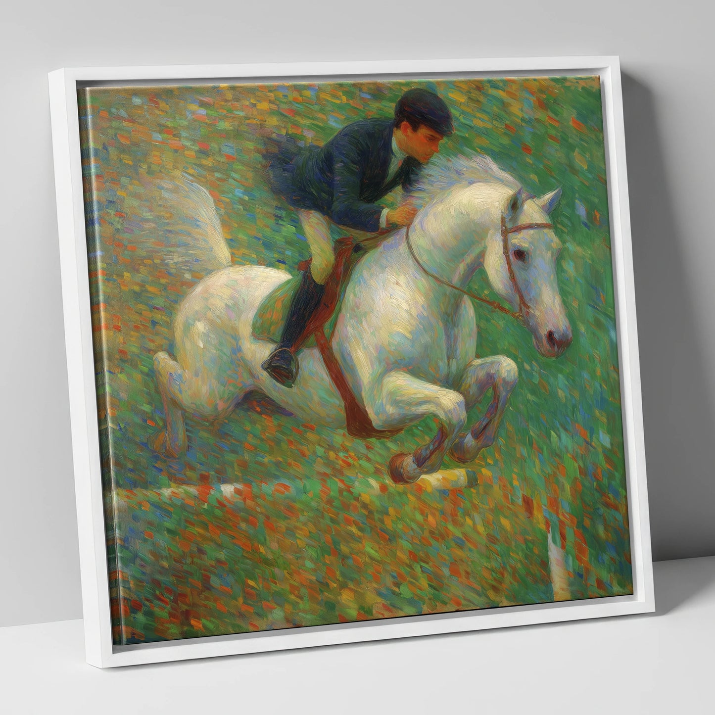 Luminous Jumping Grey show jumping horse canvas wall art in white frame
