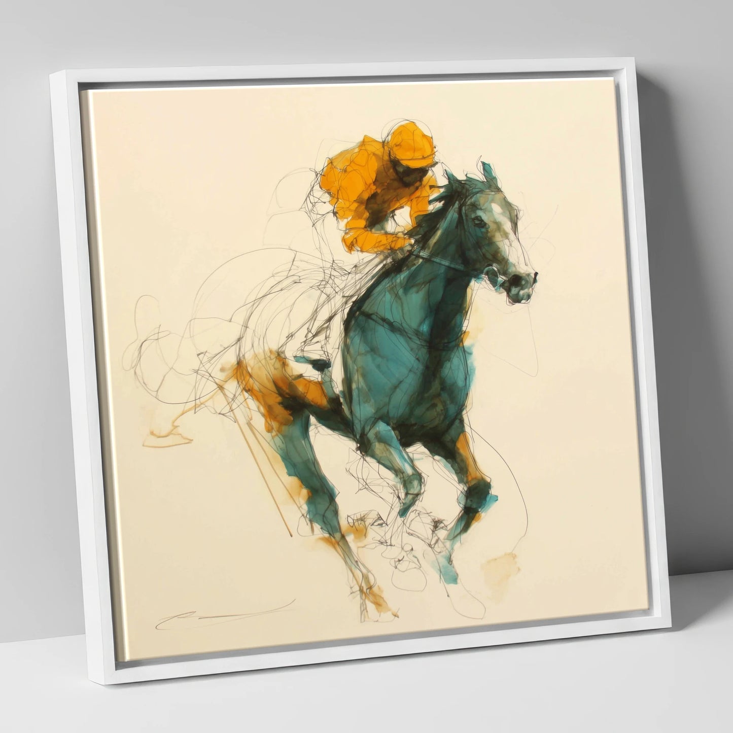 The Amber Surge racing horse canvas wall art in white frame