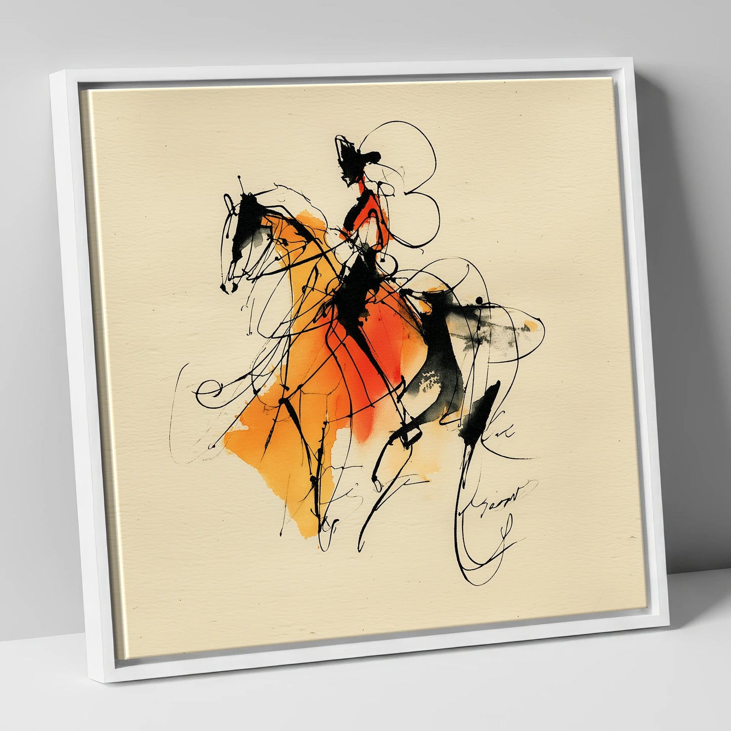 Harmony in Amber dressage horse canvas wall art in white frame
