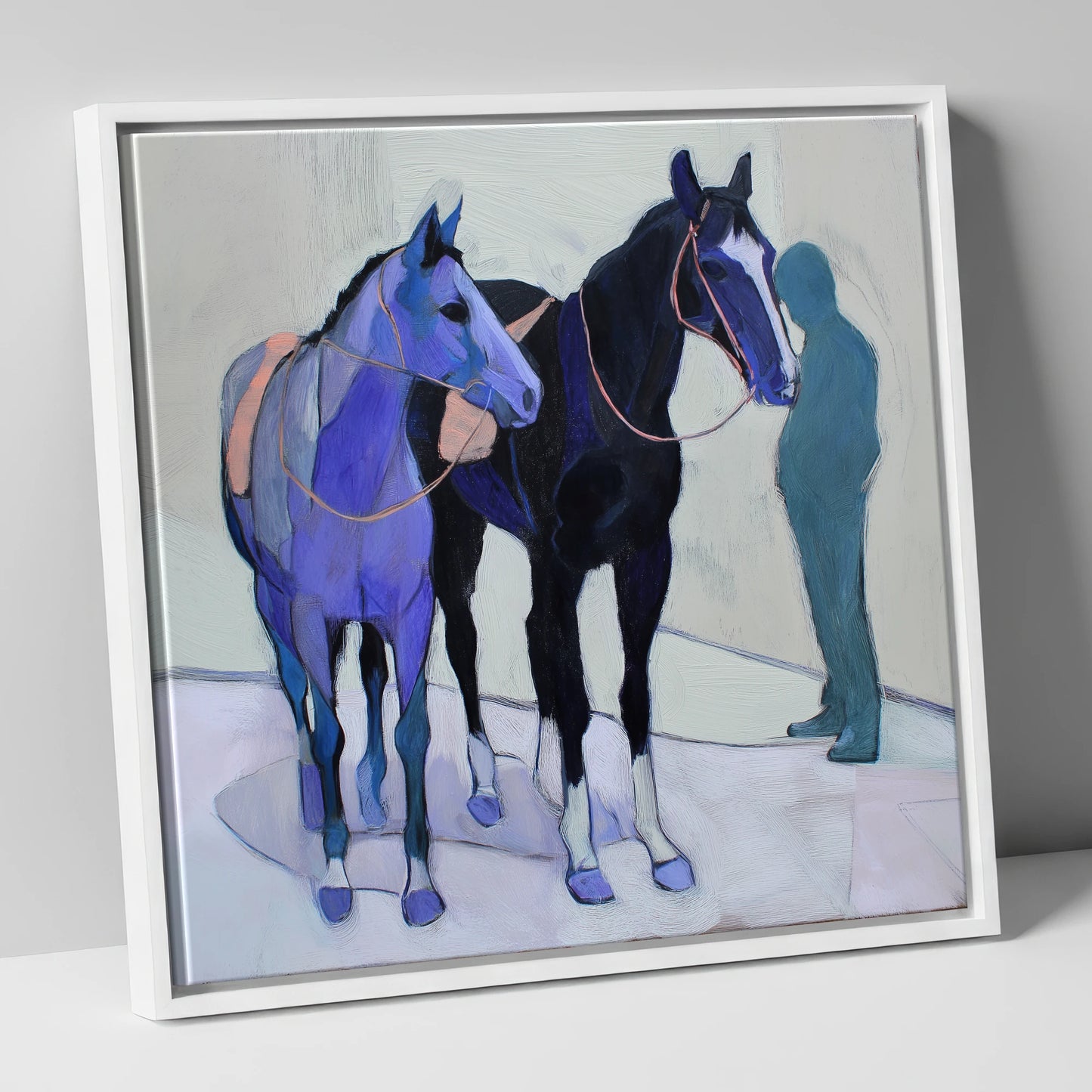 Shadows of the Yard racing horse canvas wall art in white frame