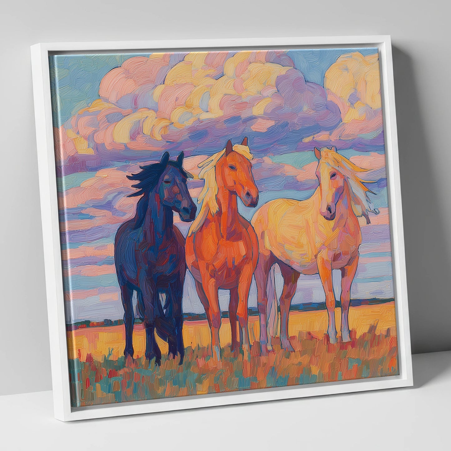 Three Under Painted Skies horse landscape canvas wall art in white frame