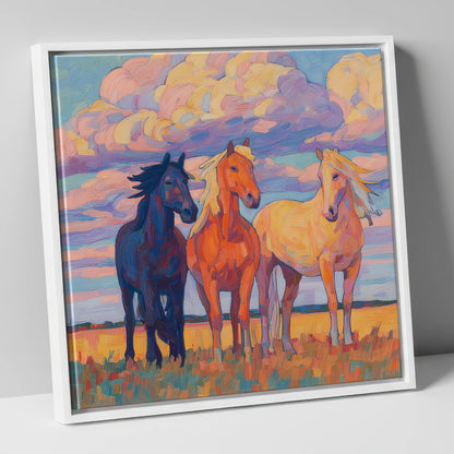 Three Under Painted Skies horse landscape canvas wall art in white frame